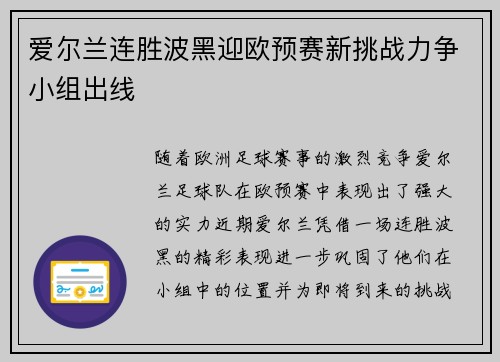 爱尔兰连胜波黑迎欧预赛新挑战力争小组出线