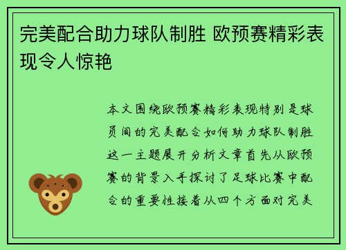 完美配合助力球队制胜 欧预赛精彩表现令人惊艳