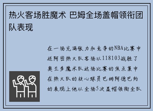 热火客场胜魔术 巴姆全场盖帽领衔团队表现