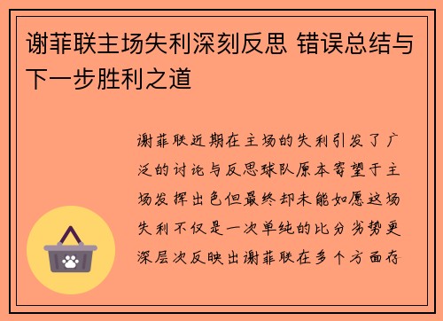 谢菲联主场失利深刻反思 错误总结与下一步胜利之道
