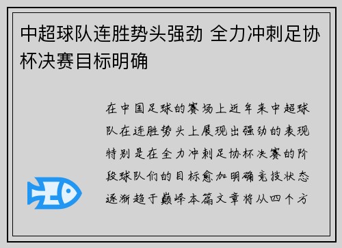 中超球队连胜势头强劲 全力冲刺足协杯决赛目标明确