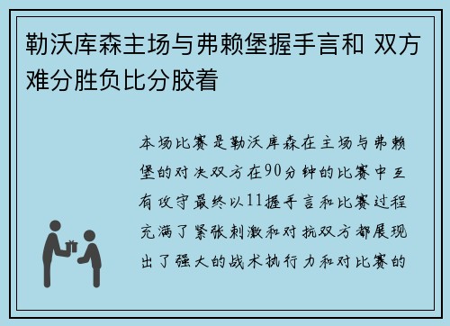 勒沃库森主场与弗赖堡握手言和 双方难分胜负比分胶着