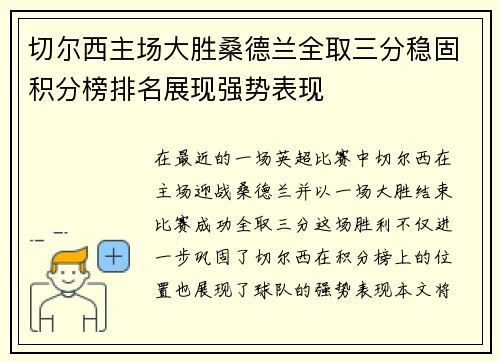 切尔西主场大胜桑德兰全取三分稳固积分榜排名展现强势表现
